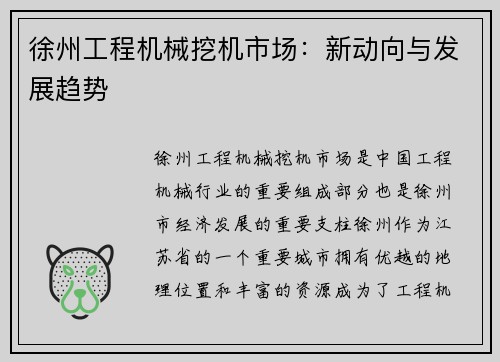 徐州工程机械挖机市场:新动向与发展趋势 徐州工程机械挖机市场:新动向与发展趋势