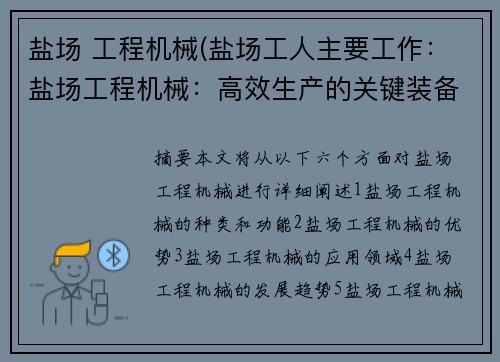 盐场 工程机械(盐场工人主要工作:盐场工程机械:高效生产的关键装备) 盐场 工程机械(盐场工人主要工作:盐场工程机械:高效生产的关键装备)